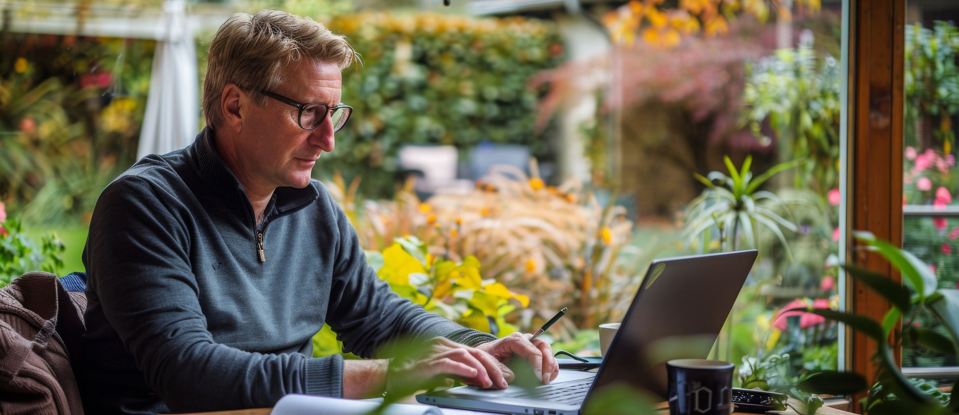 Fid'Equin : Photo homme qui passe sa comptabilité au numérique sur son ordinateur, dans sa véranda avec un arrière-plan de son jardin.