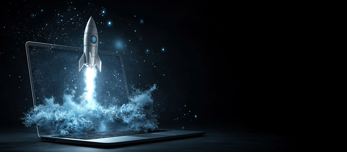 Fid'Equin, illustration d'une fusée qui décolle dans la nuit depuis un ordinateur portable
