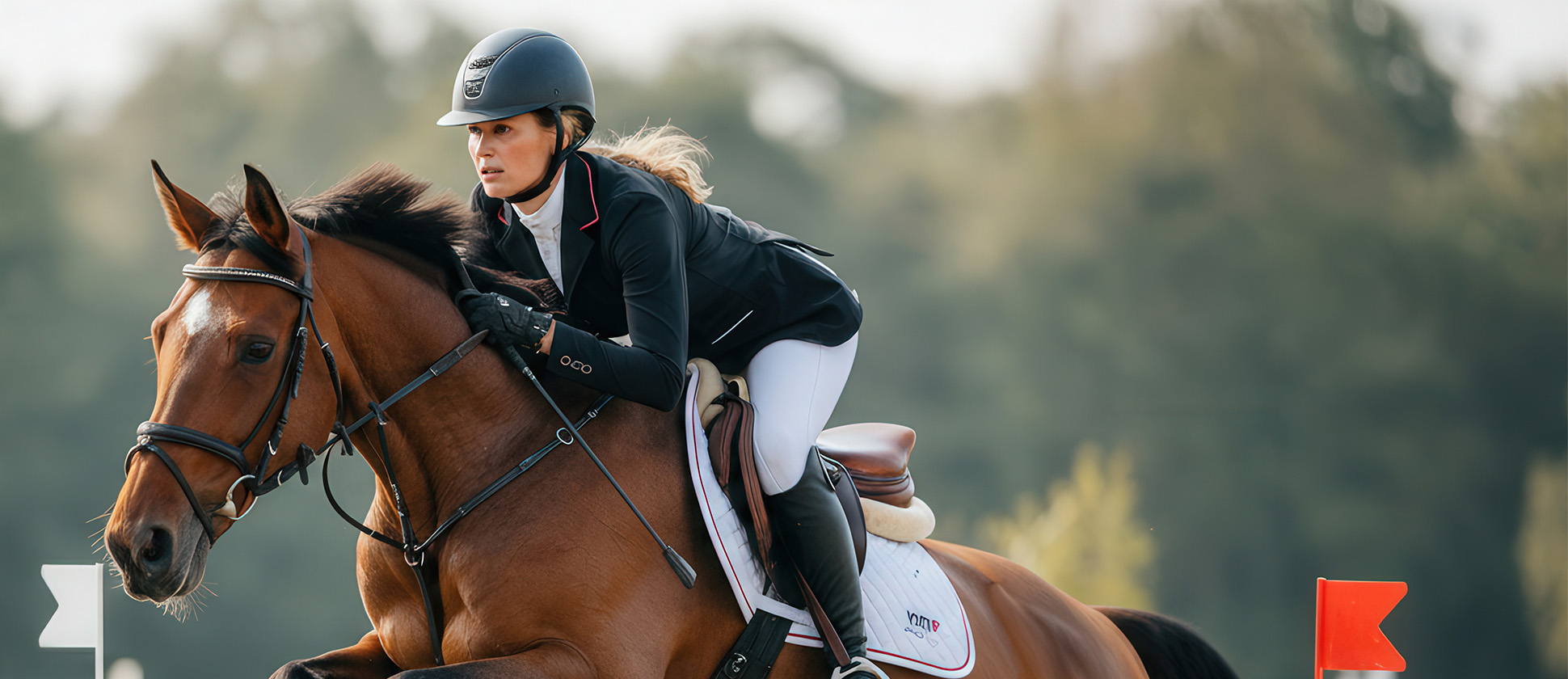 Fid'Equin : Photo d'une cavalière sur un cheval en pleine compétition équestre dans un hippodrome. Elle porte l'équipement adapté pour cavalier. Le cheval saute une haie. L'arrière fond est légèrement flou.