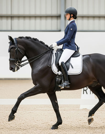 FID-Equin_Cavalier-Commerce-de-chevaux Fid'Equin : Photo avec au centre d'une carrière d'entrainement de sable, une cavalière sur son cheval.