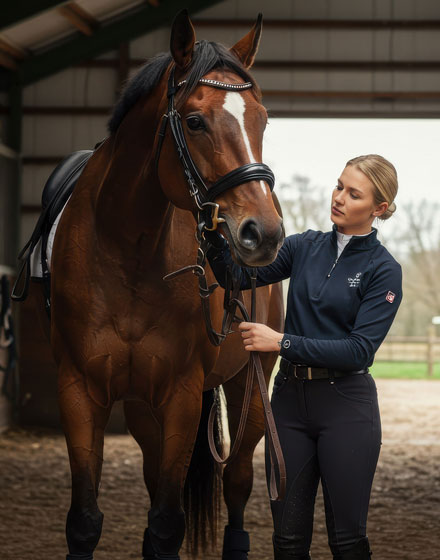 Fid'Equin : Photo avec au centre d'une carrière d'entrainement de sable, une cavalière avec son cheval.
