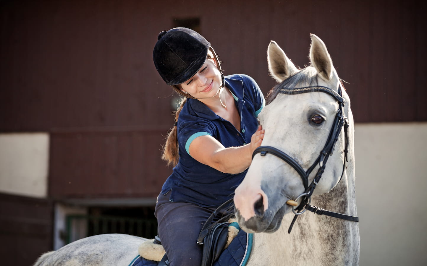 Fid'Equin : Photo avec une cavalière sur son cheval blanc en train de le caresser. L'arrière fond est une carrière. La cavalière a casque noir. Ils sont dans un centre équestre.
